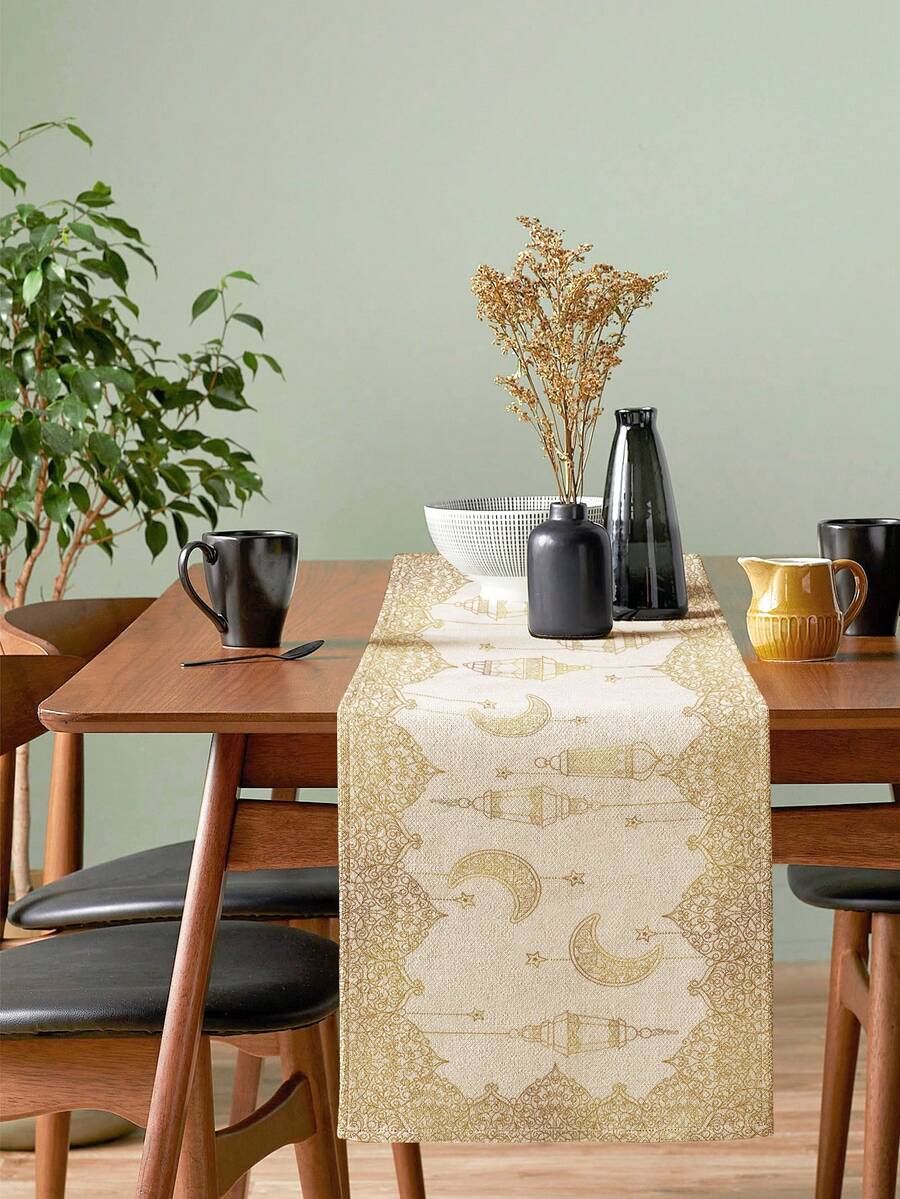 1 Stück Tischläufer aus Leinen mit Muster eines Mittelöstlichen Ramadan Stern- und Halbmond-Laternen-Motivs, geeignet für Feste, Partys, Geburtstage, Abendessen, Küchen- und Esszimmer-Dekoration, Schuhschrank- und Aufbewahrungsabdeckung, ganzjährige Heim- und Textil-Dekoration - Verschiedenfarbig - Übersicht 1