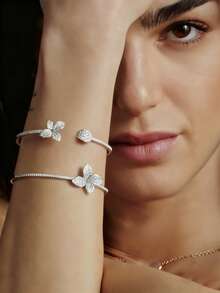 Butterfly Pave Rhinestone Bangle Bracelet Set For Women, Elegant Shiny Layered Jewelry - Silver - View 1