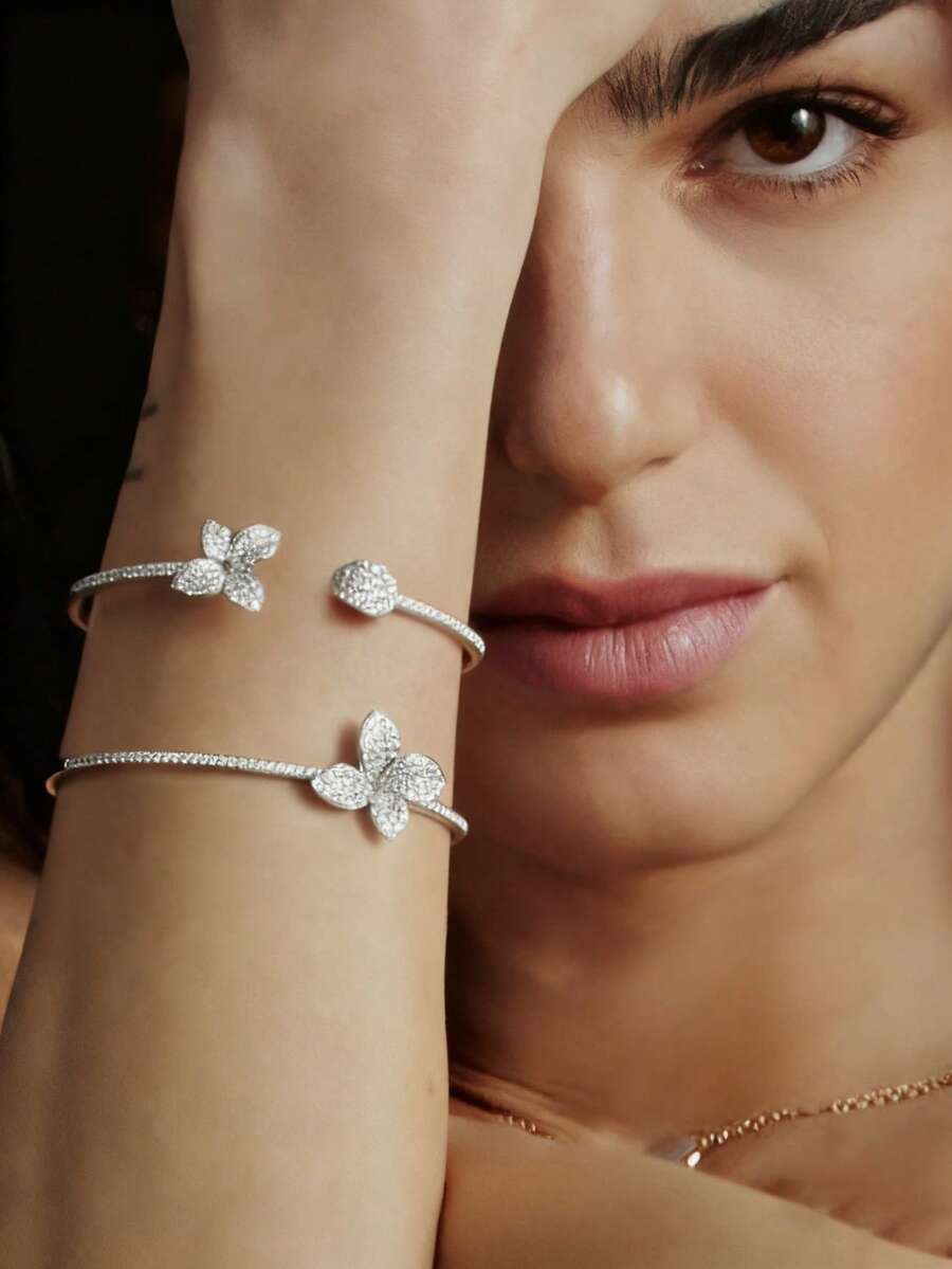 Butterfly Pave Rhinestone Bangle Bracelet Set For Women, Elegant Shiny Layered Jewelry - Silver - View 1