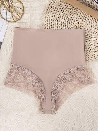 1 Piece Seamless High Waist Body Shaper Thong - Women's Waist Cincher With Lace Panel Leg Openings, Soft Comfortable Fabric