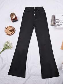 Rave Vintage High Waist Stretchy Button Fly PU Leather Skinny Flare Leg Pants Daily Casual Trousers Punk Music Festival Black - màu đen - Xem 6