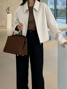 女士时尚简约百搭通勤拉链羊毛大衣 - 米色 - 查看 6