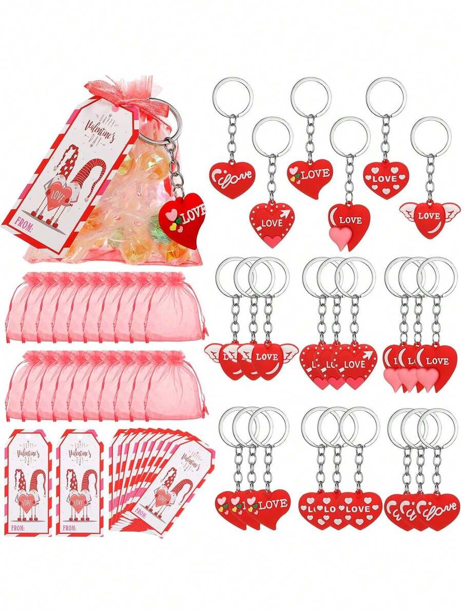 18pcs Valentine's Day Keychain Gift Set, Includes Heart-Shaped Keychains, Gift Cards, And Organza Bags. Perfect Small Gift For Birthdays, Weddings, And Holiday Parties. - Multicolor - View 1