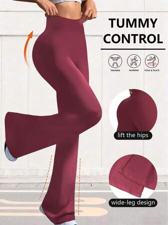 Dambyxor med hög midja och vida ben, Casual byxor med lös passform och utsvängda ben, Enfärgade yogaleggings med hög midja, Slim fit, stretchiga 7/8-byxor, Lätt tyg, Rumplyftande, bantande, hellånga byxor för kvinnor, Vår/Sommar