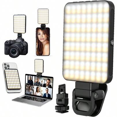 Y128 LED Selfie Luz para Celular con Clips Frontal y Trasero 3 Modos de Luz 20 Efectos de Escena Temperatura 2500K9000K Ajustable Bateria Recargable 2000mAh para Streaming y Grabar Videos