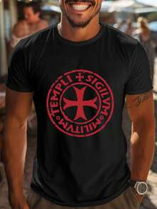 Camiseta masculina Knights Templar Graphic - Preta, casual, de manga curta, com estampa da Cruz Vermelha, modelagem solta, ideal para atividades ao ar livre no verão. - Preto - Ver 6