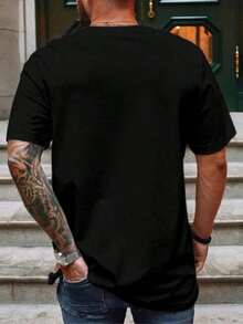 Men's Fashion Pattern Short Sleeve Round Neck Shirt, Soft And Comfortable 100% Cotton Top, Casual Everyday Wear, Suitable For All Four Seasons - Black - View 2