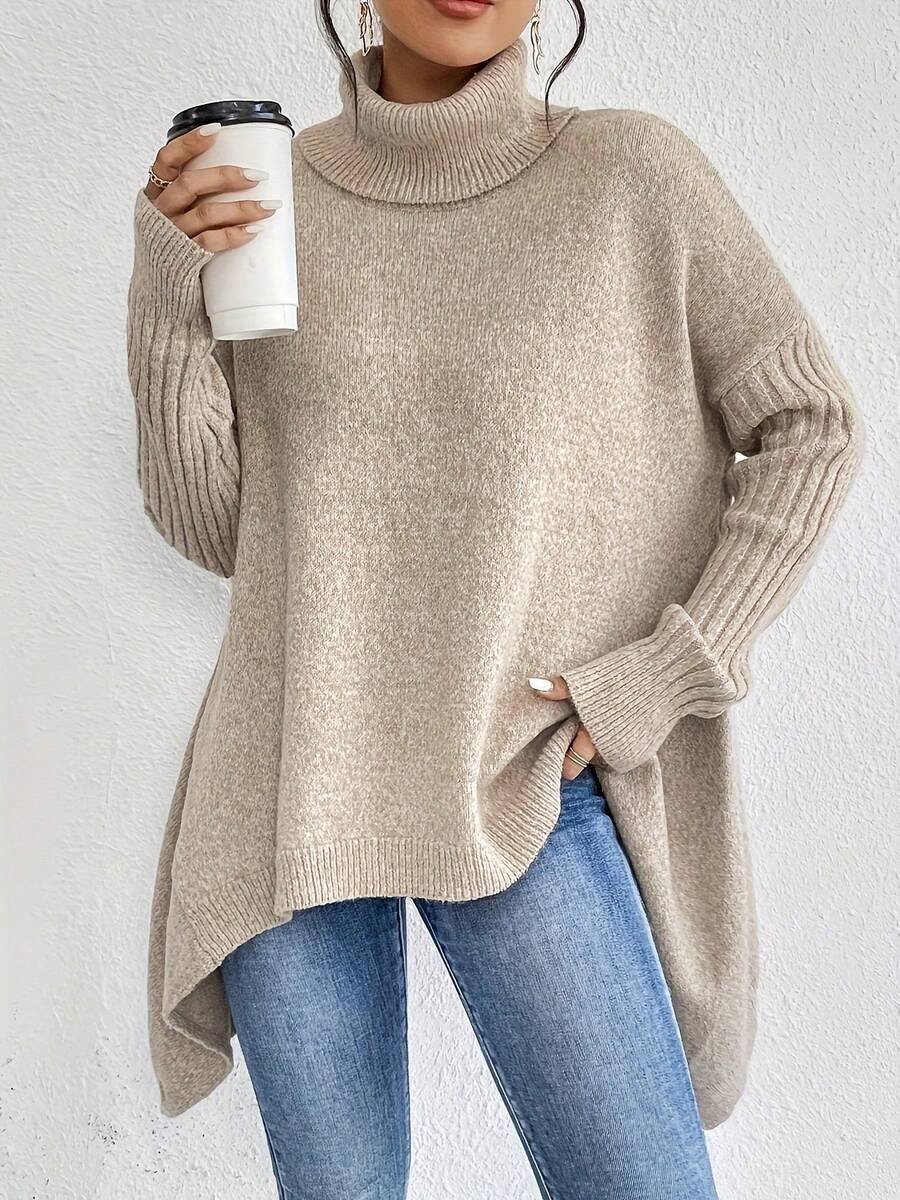 Women's Winter Warm Turtleneck Knitted Sweater - Plush Fleece-Lined, Wave Hem, Cold-Resistant Loose Fit Pullover For Cozy Winter Fashion - 卡其色 - 查看 1