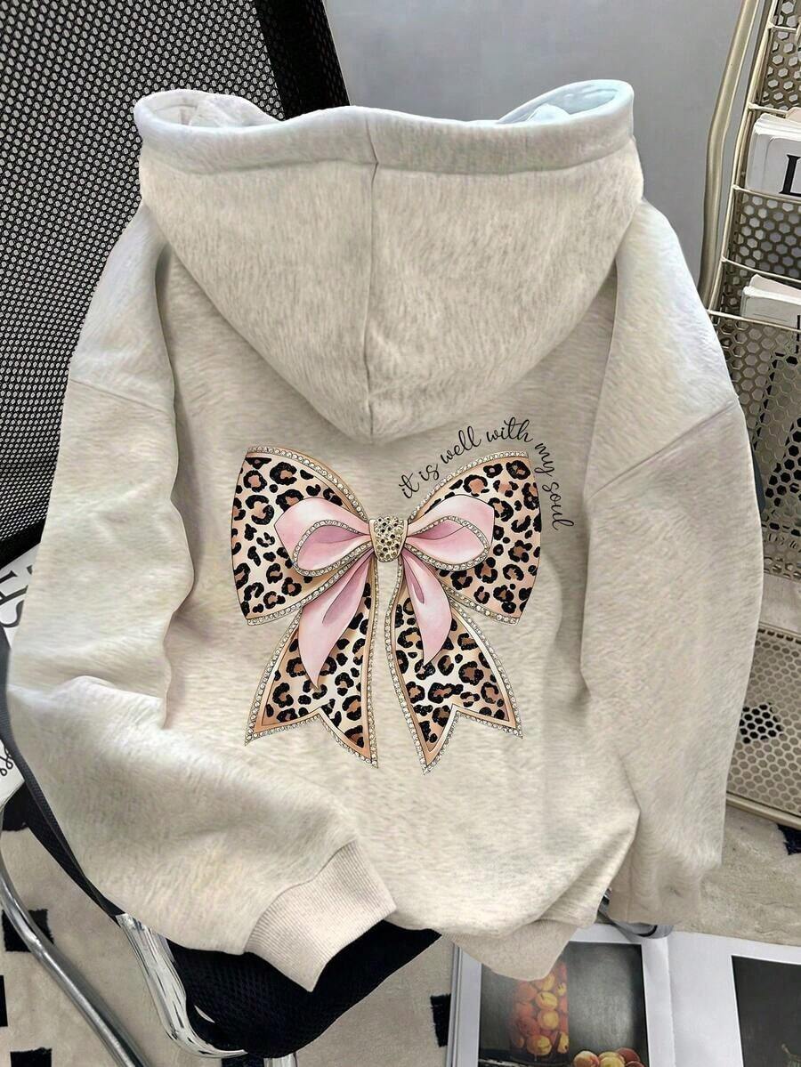 Women's Leopard Print Bow Decor Dropped Shoulder Hoodie Sweatshirt,Graphic Hoodie, Comfy Loose Fit - Perfect For Game Day & Valentine's Day - Xám nhạt 3 - Xem 1