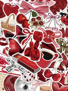 50pcs Cherry Coloured Girl Sticker Red Aesthetics Decals For Laptop Luggage Stationery Diary Phone Stickers - Multicolor - View 1