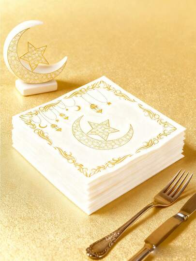 20pcs White & Gold Eid Mubarak Napkins, Crescent Moon & Lantern Pattern, Disposable Tableware, Lunch Napkins, Eid Party Napkins, Eid Decorations, Islamic Ramadan Celebration Supplies, Eid Dining Table Decor, Eid Home Decor, Eid Gift
