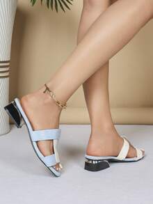 Light Blue Patchwork Comfortable Open Toe Low Heel Slide Sandals - Suitable For Commuting, Daily Wear And Party For Women - Baby Blue - View 5