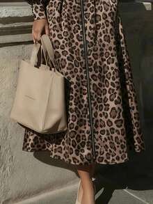 Casual Women's Midi Leopard Print Dress, Deep V-Neck, Long Sleeve, Zipper Detail, A-Line Flared Woven Fabric