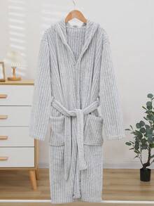 1pc Women Student Solid Color Jacquard Coral Fleece Soft Absorbent Warm Casual Home Cute Hooded Bathrobe Bath Robe Morning Robe Long Robe Loungewear Bathing Swimming Travel Personal Use Gift - Multicolor - View 18