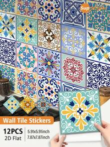 SUPSTICKER 12 piezas de pegatinas de pared de PVC con diseño de azulejos vintage bohemio, autoadhesivas, impermeables y resistentes al calor, de varios tamaños, para decoración DIY de cocina y hogar - Multicolor - Ver 2