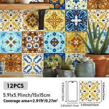 SUPSTICKER 12 piezas de pegatinas de pared de PVC con diseño de azulejos vintage bohemio, autoadhesivas, impermeables y resistentes al calor, de varios tamaños, para decoración DIY de cocina y hogar - Multicolor - Ver 14
