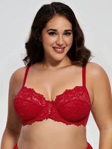 Wingslove Plus Size Lace Bra, Full Coverage Wireless & Unpadded Comfortable Bra, Suitable For Valentine's Day - Red - View 6