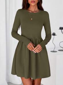 Women's Long Sleeve Mini Dresses Fall Casual Crewneck Pleated A Line  Party Cocktail New Years Short Dress With Pocket - 軍綠色 - 查看 4