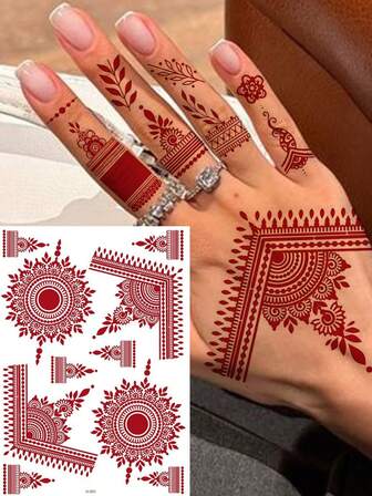 1 hoja de tatuajes temporales de henna rojo marrón Ramadán Kareem para manos de mujeres, con diseños de mandala, girasol y joyería. Tatuajes falsos islámicos musulmanes para el Eid Al-Fitr, tatuajes de mehndi para dedos y colgantes, Ramadán Mubarak