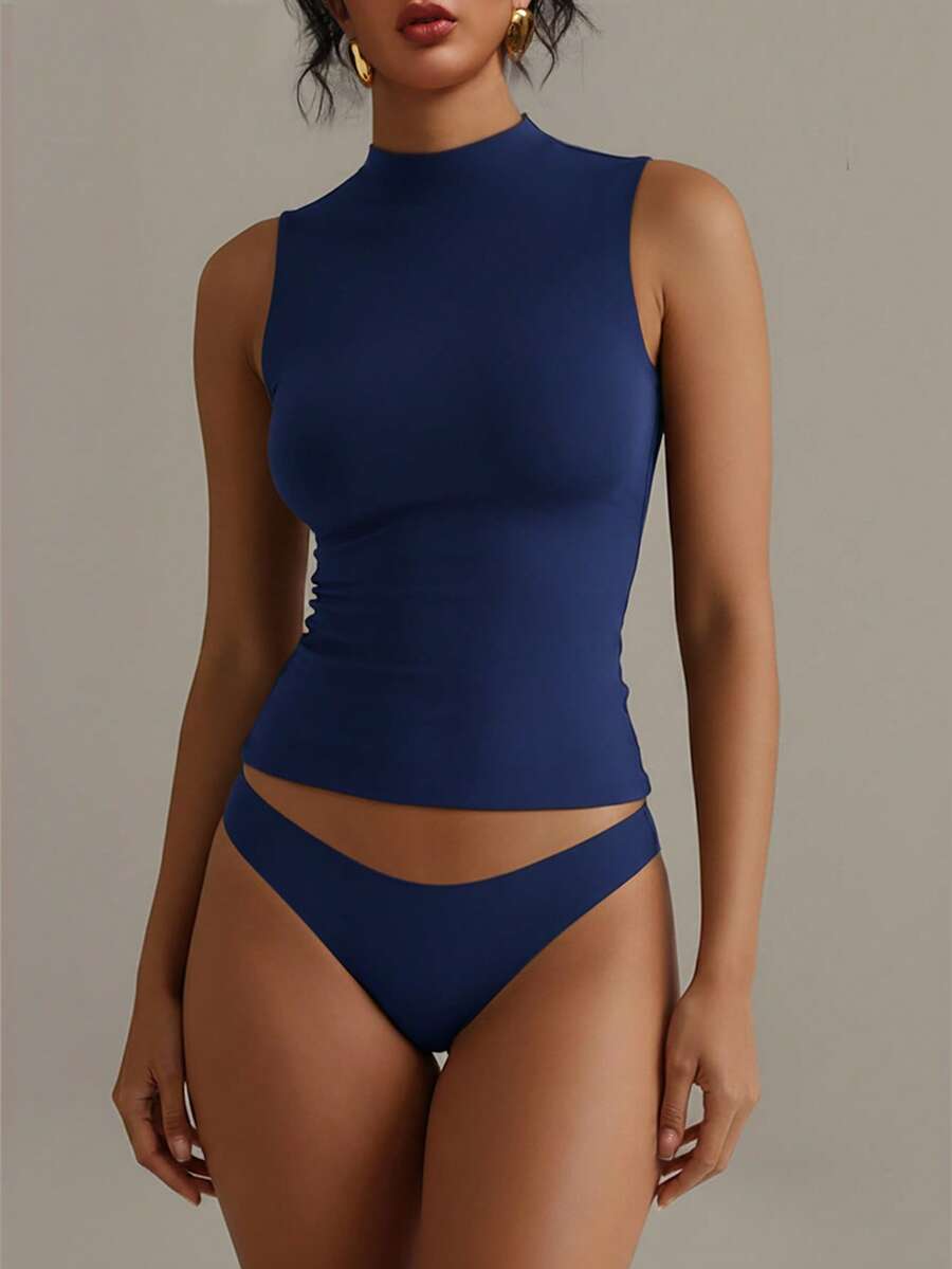 XLLAIS 圆领无袖纯色打底衫，双层弹力修身T恤