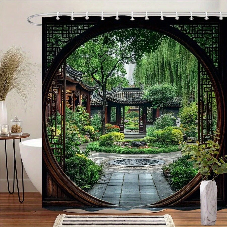 1 Piece Round Frame Chinese Garden Shower Curtain - Tranquil Asian Design With Stone Fountain, Wooden Pavilion, And Dense Greenery, 70. 86x 70. 86inch , Includes , Machine Washable Polyester, Tranquil Bathroom Decor, Perfect Housewarming Or Moving Gift, Home Spa Decor, Traditional Aesthetics, Easy Care Material, Natural Inspiration Decor, Suitable For Spa Enthusiasts - 彩色 - 查看 1