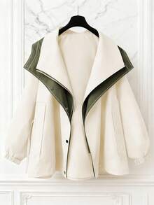 时尚女式梭织面料长袖大衣，有领、拉链和口袋，常规长度设计，秋冬 - 杏色 - 查看 2