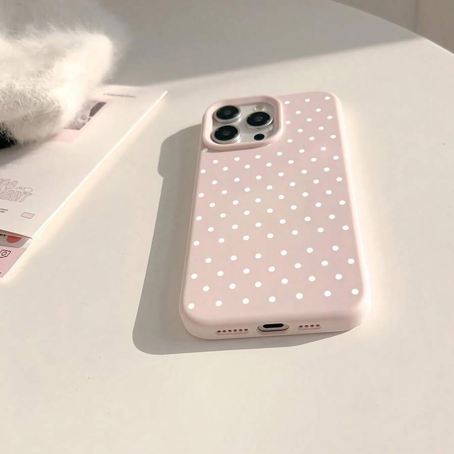 White Polka Dot Pattern Pink Phone Case For IPhone 17/17 Pro Max/17 Air/16/16 Plus/15/14/13/12/11 Series, Small Christmas Gift, Cute Cartoon Aesthetic Shockproof Fashionable Women's Soft Case, Creative Design, Suitable As A Christmas Gift For Relatives And Friends Long Sleeve Tops - 1pc - 查看 1