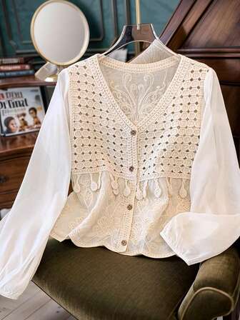 JIANHU 波西米亚风钩针拼布衬衫 - 春秋季轻薄 V 领纽扣衬衫，透明袖子，优雅复古上衣，适合工作或周末穿着