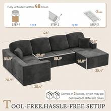 Devoko 126" U-Shape Sofa Bed With Deep Seat, Boneless Cloud Sofa With Pillows, High-Resilience Foam Corduroy  Sofa Chair For Living Room, Black - 黑色 - 查看 3
