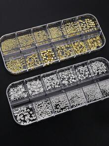 Gold And Silver Rivet Nail Art Accessories, Including Metal Cross, Star-Shaped, Star-Studded, Mini Semi-Circular, And Rice-Grain Designs – A Decorative Set Box For DIY Nail Crafting Nails - Multicolor - View 2