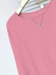 宽松卷边长袖T恤，轻薄面料，修身版型，可作内搭 - 粉色 - 查看 8