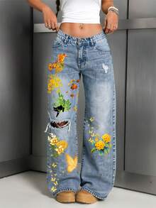 Ladies' Jeans For Daily Chic Floral Pattern With Butterflies And Birds Ladies' Distressed Wide-Leg Denim Jeans - Casual Commute Style With Prints, Light Wash NZ002 - 藍色 - 查看 3