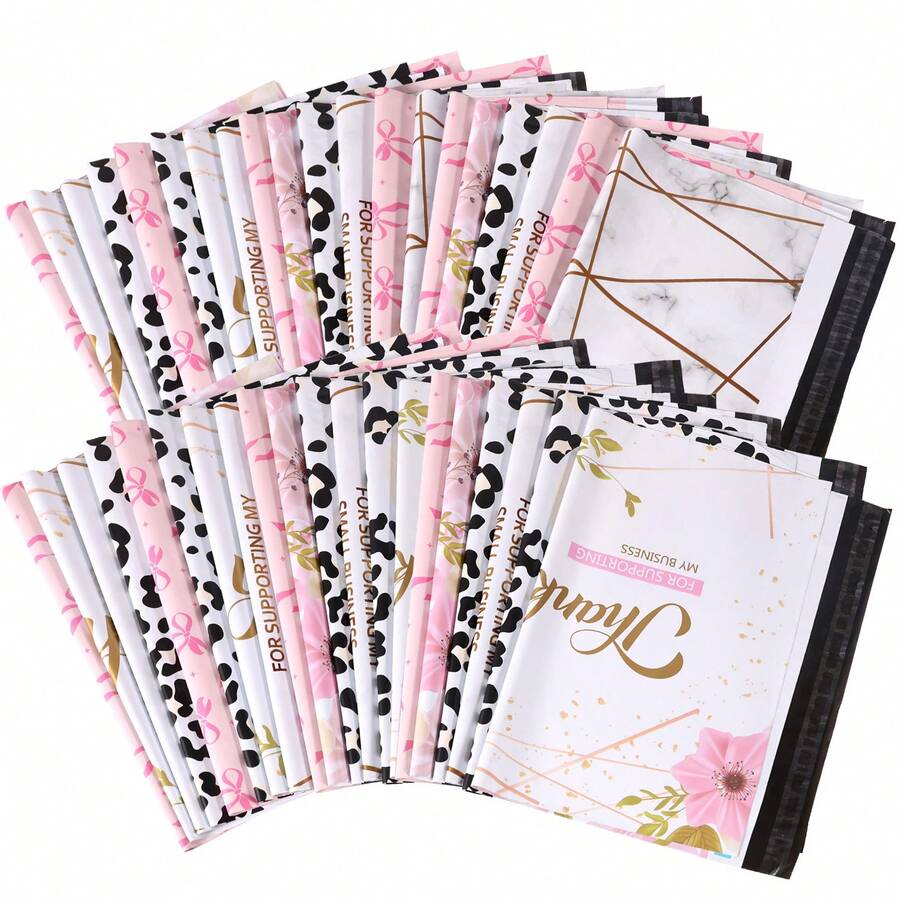 40pcs Mixed Packaging Bags & Poly Mailers, Shipping Bags, Plastic Bags For Packaging, Waterproof And Multi Purpose Packaging Bags For Small Business, Shipping Bags For Clothing Boutique Supplies With Self Seal Strip, Fashionable Floral/Leopard/Marble/Bow Prints Poly Mailer Shipping Bags For Transportation Back To School,Clothing, Books, Daily Essentials, Mixed Size - 混色-大號(40pcs) - 查看 1