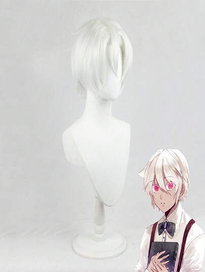 Cosplay动漫角色假发，诺艾尔白色，男士短直高温丝假发，适合日常佩戴、节日和派对，全头假发
