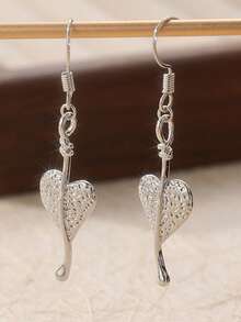 Vintage Handcrafted Asymmetrical Leaf Heart Pendant Earrings, Bohemian Style For Travel, Party, And Daily Wear - Silver - View 2
