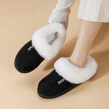 Thick Soled Cotton Slippers - Side Label Xx Line Decoration - Plush And Thickened Warm Men's Shoes With Soft Sole, Comfortable And Versatile,  Home Or Outdoor Slippers - 黑色 - 查看 4
