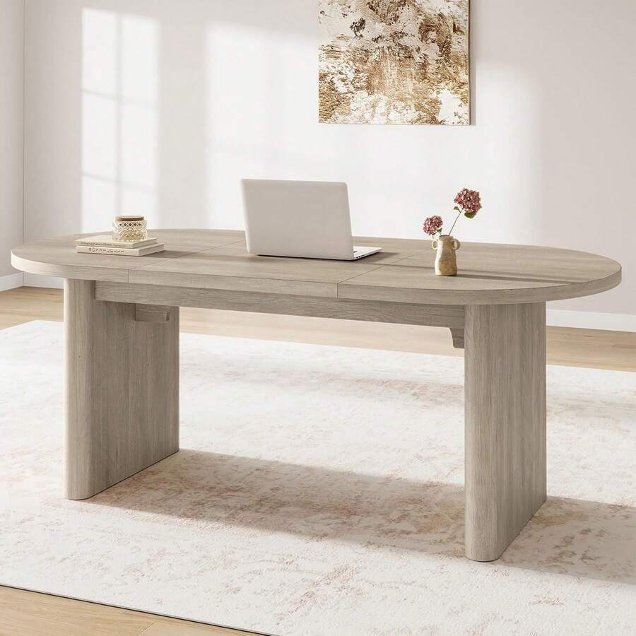 mteryoing 70.8 Inch Oval Dining Table For 6-8 People, Long Large Kitchen Table With Thick Sturdy Wooden Base, Farmhouse Dining Room Table For Kitchen, Living Room, Office - Grey - View 1