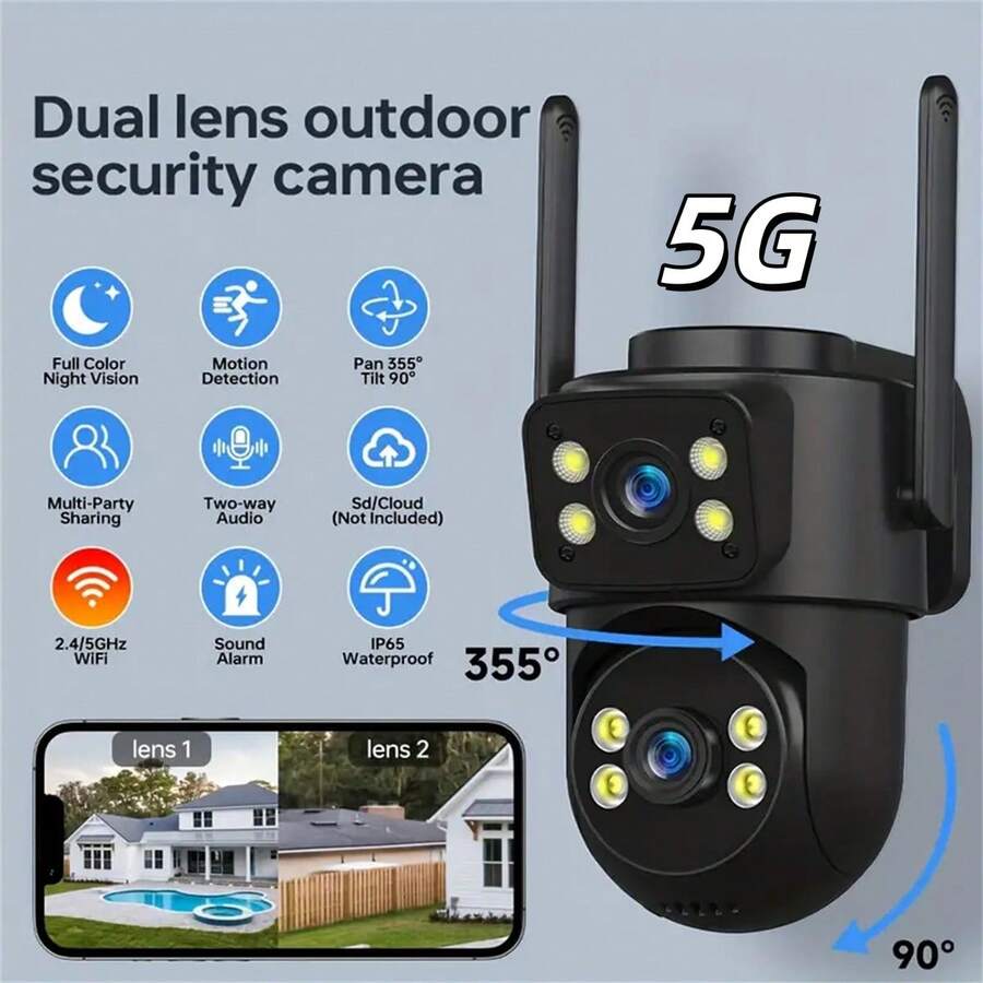 5G Outdoor Dual-Lens Security Camera, Wi-Fi Surveillance, 355° Rotating Auto-Tracking Panoramic Camera, Supports 2.4/5GHz Dual-Band, 2MP+2MP Dual Lens, Two-Way Audio, Motion Detection, Color Night Vision - USB Powered, IP65 Waterproof, Suitable For Outdoor Monitoring, Camera Accessories
