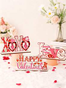 3 piezas Conjunto de adornos de mesa de madera para el Día de San Valentín - Diseños con patrones lindos en rojo brillante y rosa suave (Sé mío/XOXO/AMOR/Feliz Día de San Valentín), acentos decorativos ligeros y duraderos, perfectos para decoración de habitación/fiesta y ambiente romántico del Día de San Valentín - Multicolor - Ver 3