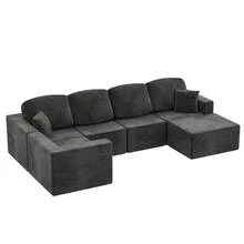 Devoko 126" U-Shape Sofa Bed With Deep Seat, Boneless Cloud Sofa With Pillows, High-Resilience Foam Corduroy  Sofa Chair For Living Room, Black - 黑色 - 查看 10