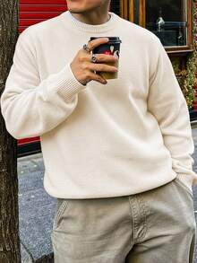 男士休闲宽松简约通勤高端日常百搭纯色针织长袖圆领套头毛衣，秋冬款 - 米色 - 查看 1