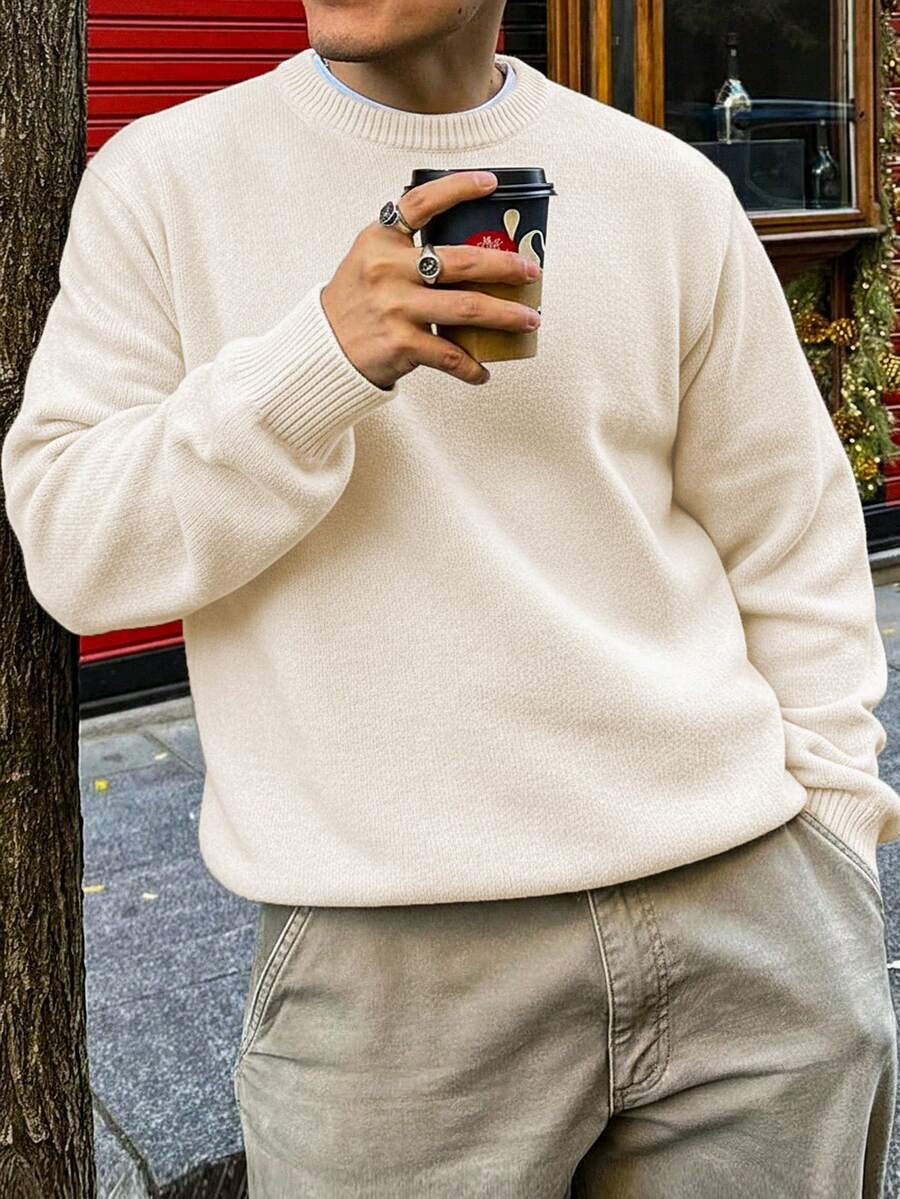 男士休闲宽松简约通勤高端日常百搭纯色针织长袖圆领套头毛衣，秋冬款 - 米色 - 查看 1