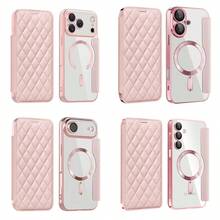 奢华钻石网格钱包式手机壳,兼容三星 Galaxy S25 Ultra、S24 Ultra、S23 Ultra、S22 Ultra、S25 Edge、S24+、A15、A16、S23 Plus、A16、A56、A17、A07 以及 17、16、15、14、13、12 Pro Max、16E、17 Air、17 Pro - 支持磁吸无线充电,带卡槽翻盖式 PU 皮革保护套,全包覆式透明防震保护后盖。 - 粉色 - 查看 3