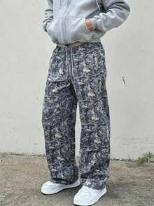 Men's Fashionable Street Y2K Style All-Over Camouflage Print Lightweight & Comfortable Casual Pants, Men's Loose Straight Leg Joggers, Outdoor Retro Loose Long Camouflage Print Sweatpants, Essential Item, Loose Pants, Men's Camo Pants, Loose Camo Pants, Camo Joggers, 2000s Style, Suitable For Rave Parties, Essential Item - Grey - View 1