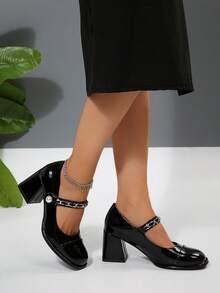 Geeyea A Pair Of Women's High Heels, Red Patent Leather Thick-Heeled Mary Jane Shoes, Chain And Pearl Buckle Decoration, Retro French Style, Suitable For Christmas Matching Shoes - 黑色 - 查看 2