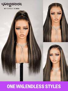 MEGALOOK 渐变柔顺直发升级版 13x6 三合一™ 无胶蕾丝前假发 - 100% 真人发预拔蕾丝假发，自然发际线，亲肤舒适，无需胶水，佩戴方便，渐变蕾丝假发，18-24 英寸，新手友好，外观自然，适合日常佩戴 - 間色和鋼琴色 - 查看 7