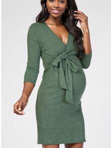 Maternity Solid Color Elegant Casual Twist Ribbed Fitted Dress For Daily Wear - Forest Green - View 3
