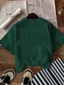 男童休闲图案T恤，字母和游戏机印花，圆领短袖，春夏款 - 墨綠色 - 查看 4