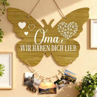 1pc German "Oma, WIR HABEN DICH LIEB" Wooden Hanging Sign Photo Holder, Gift For Grandma, Photo Display Pendant Wall Decoration, Wall Art Home Decoration