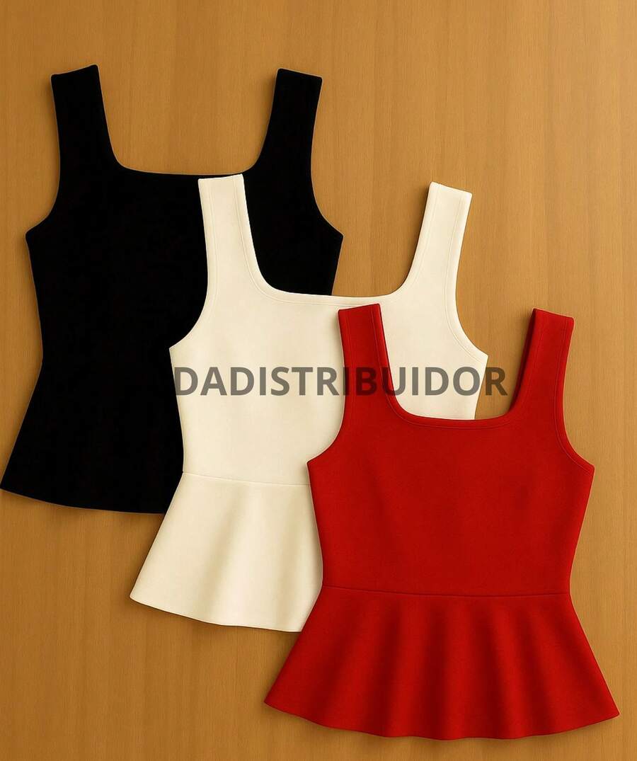 Set Of 3 Women's Blouses, Tunic Style, Fitted Waist, Ruffled Peplum Detail - Black, White and Red - View 1
